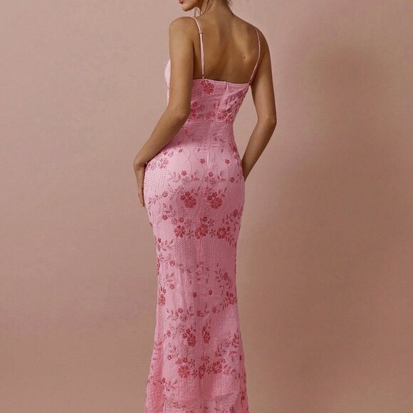 Pink Elegant Womens Romantic V-Neck Suspender Maxi Dress - Picture 7 of 7